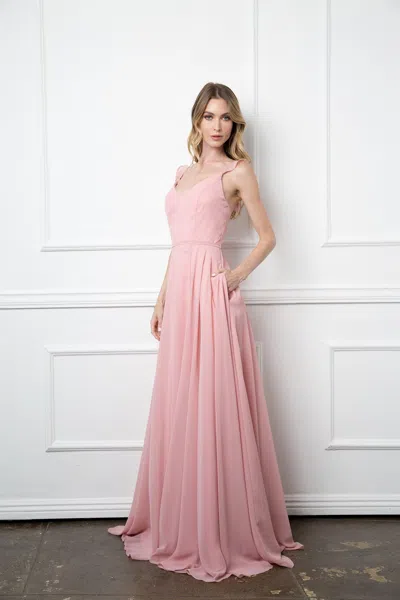 Eva Fashion Long Bridesmaids Ruffle Sleeve Chiffon Gown In Pink