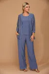 Eva Fashion Long Formal Mother Of The Bride Jacket Pant Suit In Blue