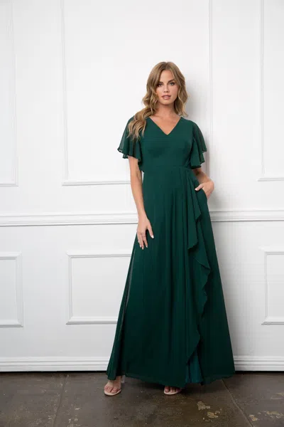 Eva Fashion Long Formal Ruffle Sleeve Chiffon Evening Dress In Green
