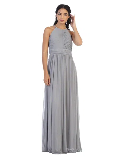 Eva Fashion Long Halter Bridesmaids Pleated Dress In Gray