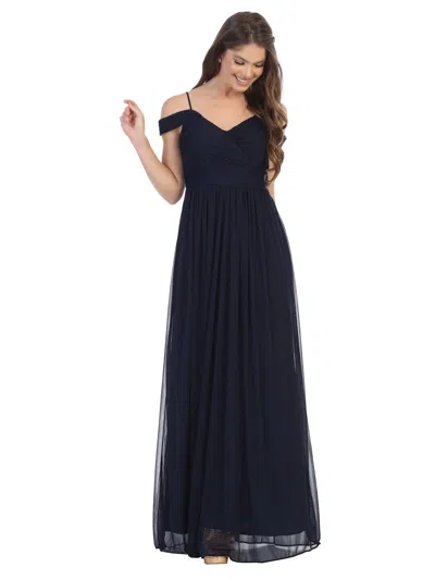Eva Fashion Long Off Shoulder Bridesmaids Pleated Dress In Blue