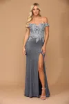 Eva Fashion Long Off Shoulder Formal Metallic Prom Dress In Blue