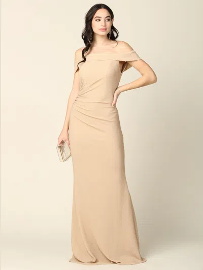Eva Fashion Long Off Shoulder Metallic Fitted Formal Dress In Gold