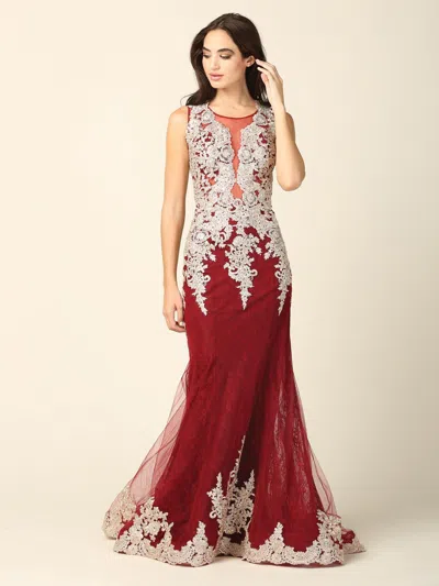 Eva Fashion Long Sleeveless Formal Mermaid Lace Prom Dress In Burgundy