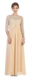 Eva Fashion Mother Of The Bride Long Sleeve Formal Long Dress In Neutral