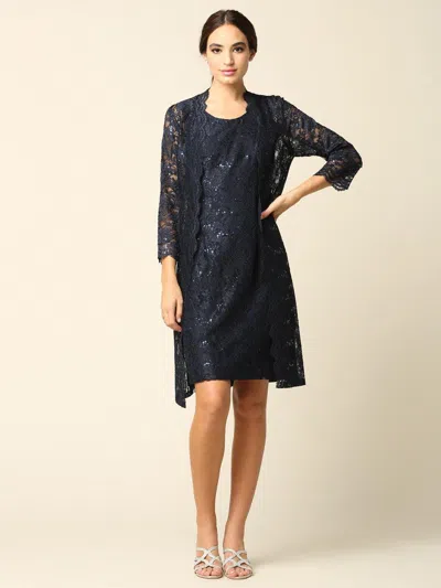 Eva Fashion Short Mother Of The Bride Lace Jacket Dress In Blue