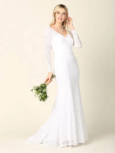Eva Fashion Simple Long Sleeve Lace Wedding Dress In White