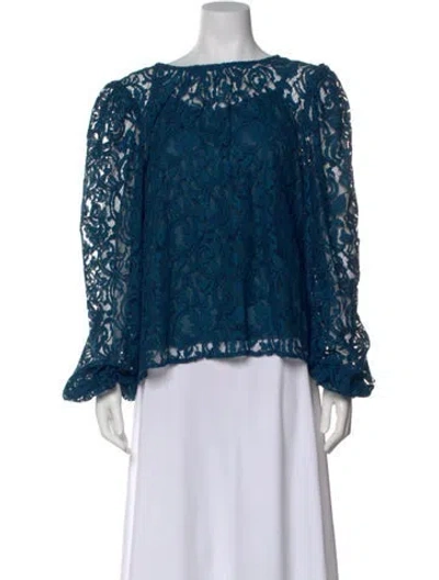 Pre-owned Eva Franco Lace Pattern Bateau Neckline Blouse In Blue