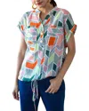 Eva Franco Nico Drawstring Roll Sleeve Top In Peach Geo