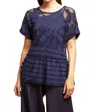 Eva Franco Peplum Top In Navy Lace In Multi