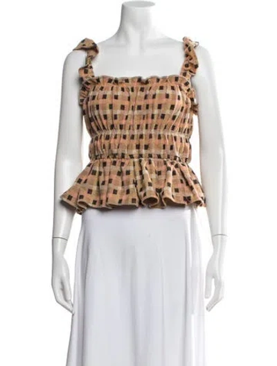 Pre-owned Eva Franco Plaid Print Square Neckline Crop Top In Brown