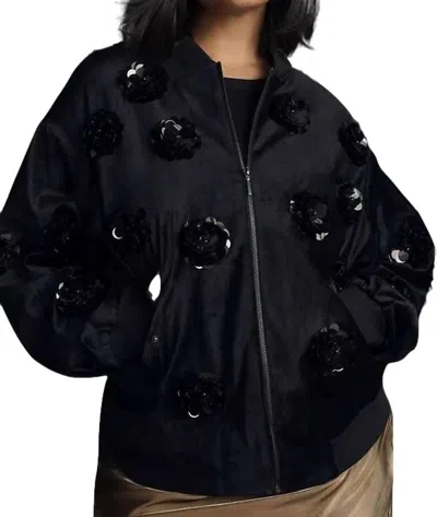 Eva Franco Velvet Floral Embroidered Bomber Jacket In Balck In Black