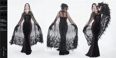 Pre-owned Eva Lady Women's Black Gothic Punk Sequin Feather Mesh Hooded Long Cloak