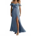 Eva Madrid Off Shoulder Flutter Detail Chiffon Evening Slit Dress In Slate Blue