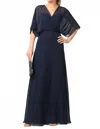 Eva Mia Chiffon Draped Sleeve Formal Evening Dress In Navy