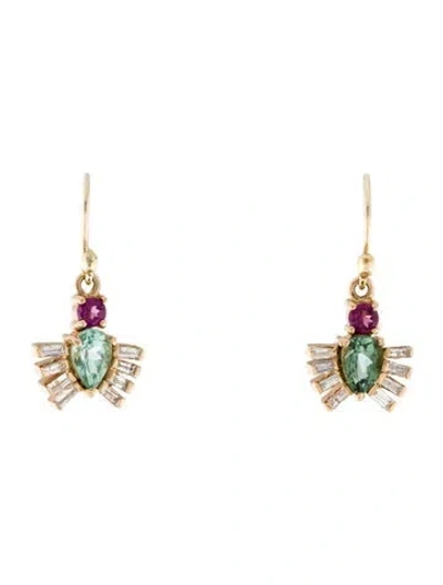 Pre-owned Eva Noga 14k 1.04ct Tourmaline, Garnet & Diamond Royal Beetle Drop Earrings In Multi