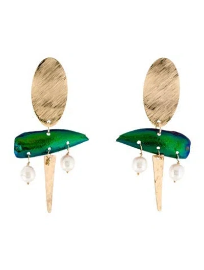 Pre-owned Eva Noga Pearl & Beetle Wings Drop Earrings In Multi