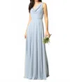 Eva Ronda Formal Long Sleeveless Cowl Neck Dress In Dusty Blue