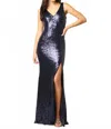 Eva Tula Sequin Sheath Evening Slit Gown Dress In Navy