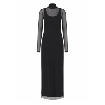Eva Varro Women's Black Two In One Mock Long Sleeve Slit Dress