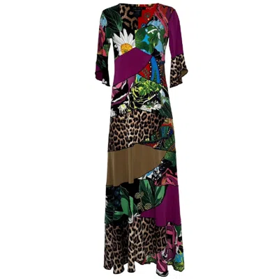 Eva Varro Women's  Three Quarter Flounce Sleeve Six Tier Multiprint Combo Maxi Dress - Handcrafted In