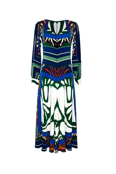 Eva Varro Women's  V Neck Fit And Flare Midi Dress With Long Blouson Sleeves And Cuffed Wrists - Hand In Blue