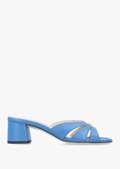 Evaluna Blue Leather Cutaway Mid Heel Mules