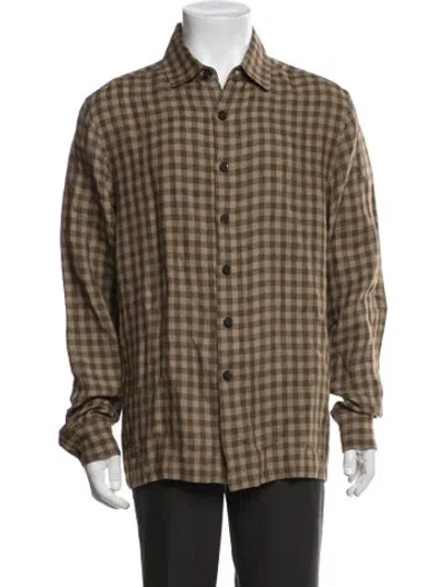 Pre-owned Evan Kinori Linen Plaid Print Shirt In Brown