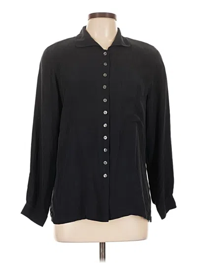 Pre-owned Evan Picone Long Sleeve Silk Top Black Collared Neckline Tops