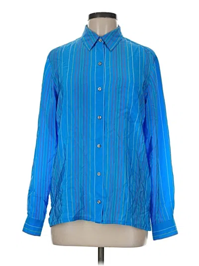 Pre-owned Evan Picone Long Sleeve Silk Top Blue Stripes Pattern Collared Neckline Tops