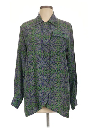 Pre-owned Evan Picone Long Sleeve Silk Top Green Paisley Pattern Collared Neckline Tops