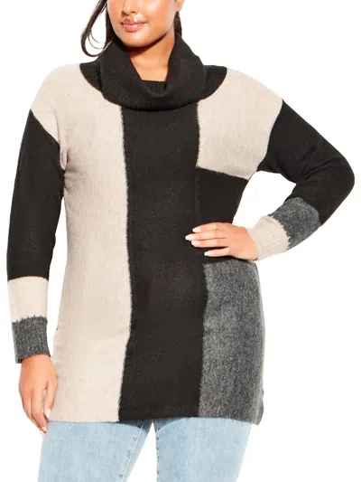 Evans Plus Womens Cowl Neck Colorblock Pullover Sweater In Black