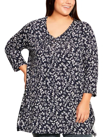 Evans Plus Womens V Neck Floral Henley In Multi