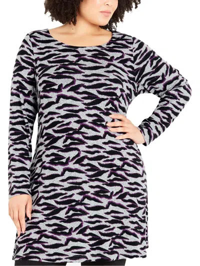 Evans Plus Zebra Womens Animal Print Jewel Neck Tunic Top In Purple
