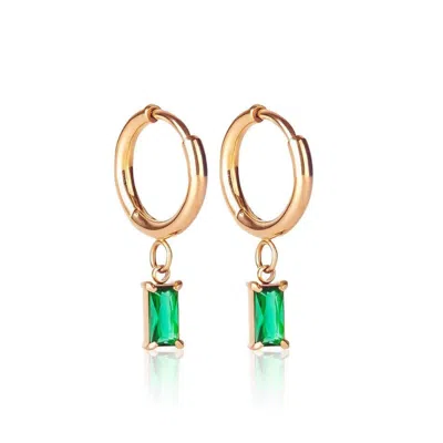 Ever Jewellery Women's Gold / Green Luxe Gold Emerald Drop Huggie Hoop Earrings In Multi
