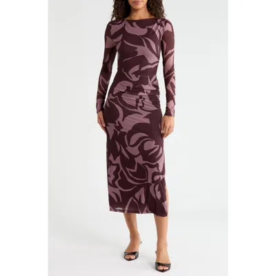 Ever New Alannah Floral Long Sleeve Mesh Midi Dress In Burgundy
