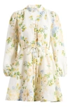 Ever New Annalise Tie Waist Long Sleeve Linen Blend Minidress In Empress Floral