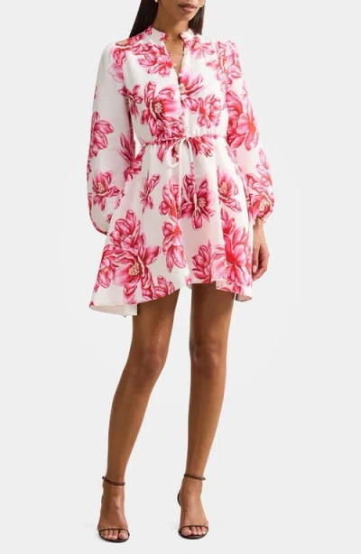 Ever New Annalise Tie Waist Long Sleeve Linen Blend Minidress In Pink