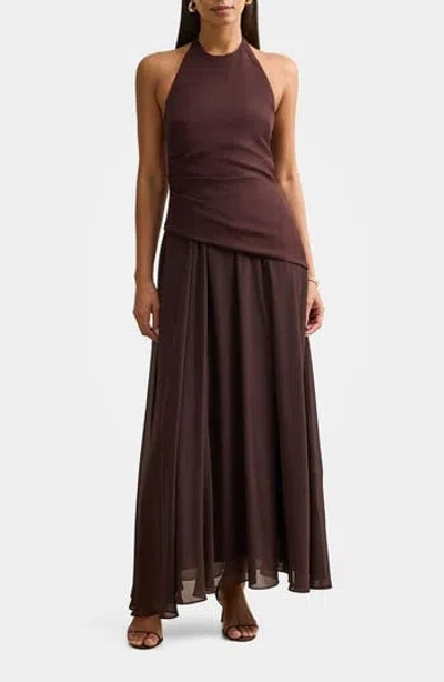 Ever New Elise Linen Blend & Chiffon Halter Maxi Dress In Chocolate