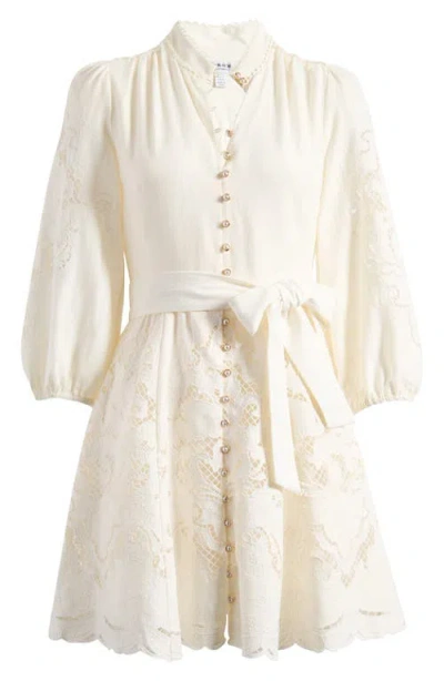 Ever New Embroidered Tie Waist Long Sleeve Mini Shirtdress In Ivory