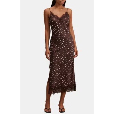 Ever New Jess Polka Dot Lace Trim Satin Midi Slipdress In Brown