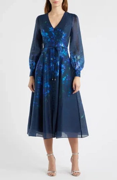 Ever New Kahlani Floral Print Long Sleeve Midi Dress In Blue