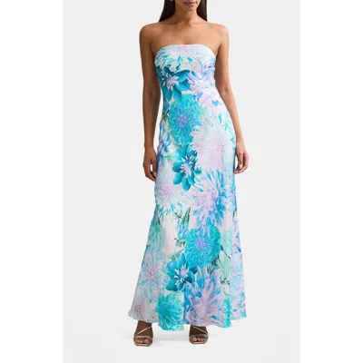Ever New Kai Floral Strapless Satin Dress In Blue