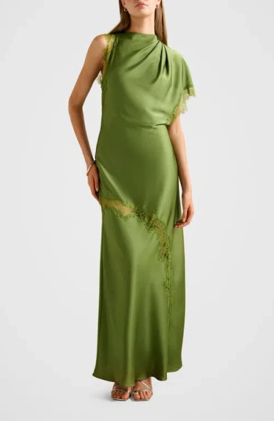 Ever New Kody One-shoulder Satin & Lace Gown In Green