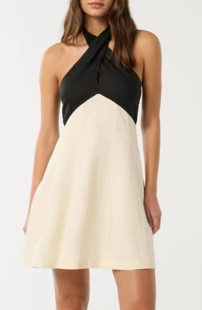 Ever New Lea Contrast Detail Halter Neck Linen Minidress In Cream/black