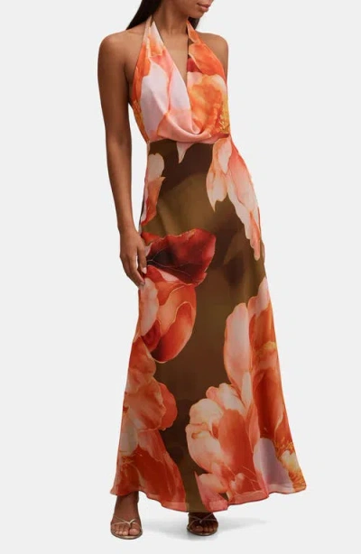 Ever New Marina Cowl Neck Halter Gown In Brown