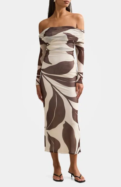 Ever New Minnie Long Sleeve Off The Shoulder Mesh Midi Dress In White