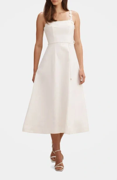 Ever New Rosette Floral Appliqué Linen Blend Fit & Flare Dress In White