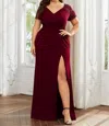 Ever-pretty Front Slit Short Sleeve With Sequin Mother Of The Bride Dress In Burgundy In White