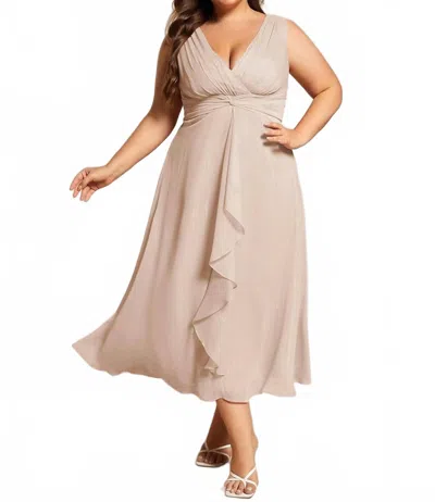 Ever-pretty Shimmer Tea Length Dress In Champagne In Neutral